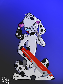 bandage bandaged_arm black_ears black_nose black_spots bodily_fluids collar feral floppy_ears fur green_eyes gun heterochromatic_ears holding_gun holding_object holding_ranged_weapon holding_weapon male net_gun one_eye_obstructed pink_inner_ear ranged_weapon red_collar semi-anthro solo spots tears toony weapon white_body white_fur white_spots ark235 101_dalmatian_street 101_dalmatians disney dylan_(101_dalmatians) canid canine canis dalmatian domestic_dog mammal 3:4