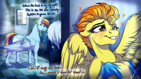 blush clothing dialogue duo female feral heart_symbol locker locker_room skinsuit text tight_clothing uniform wings lupiarts friendship_is_magic hasbro my_little_pony mythology rainbow_dash_(mlp) spitfire_(mlp) wonderbolts_(mlp) equid equine mammal mythological_creature mythological_equine pegasus 16:9 2019 4k absurd_res english_text hi_res widescreen