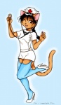 anthro biped black_hair clothing drugs female footwear hair hat headgear headwear high_heels legwear medical_instrument nurse nurse_clothing nurse_hat nurse_headwear nurse_uniform one_eye_closed pills scientific_instrument shoes simple_background solo stethoscope stockings tail uniform wink fio fio_(character) domestic_cat felid feline felis mammal