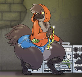 anthro avian_feet beak big_butt black_beak black_body black_feathers blue_bottomwear blue_clothing blue_hotpants blue_shorts boombox bottomwear bulge butt chest_tuft clothed clothed_anthro clothed_male clothing cross cross_necklace crouching feathers femboy gold_(metal) gold_jewelry gold_necklace grey_body grey_feathers half-closed_eyes holding_object hoodie hotpants huge_butt jewelry male male_anthro money narrowed_eyes necklace orange_clothing orange_hoodie orange_topwear outside red_eyes ring shorts solo thick_thighs topwear tuft vasco yellow_sclera vdisco vasco_(vdisco) avian bird corvid corvus_(genus) crow oscine passerine 2018 digital_media_(artwork) hi_res