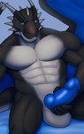 abs animal_genitalia anthro balls black_body black_scales black_skin blue_eyes blue_penis blue_wings erection genitals holding_penis horn knot looking_at_viewer male muscular muscular_anthro muscular_male nude pecs penis presenting presenting_penis scales simple_background sitting smile solo spikes tail white_body white_skin wings marsel-defender european_mythology mythology rashkar dargor dragon mythological_creature mythological_scalie scalie western_dragon hi_res