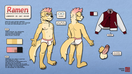 allcaps anthro barefoot black_nose black_text briefs bulge butt claws clothed clothing color_swatch eyewear feet fur genitals glasses good_boy hair jacket letterman_jacket male maroon_jacket mohawk navel nipples penis pink_eyes pink_hair pink_seam_briefs red_text smile solo tan_body tan_fur text tighty_whities topless topless_anthro topless_male topwear underwear white_briefs white_clothing white_underwear yellow_body yellow_fur fudatsu 16:9 english_text hi_res model_sheet widescreen