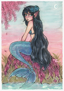 accessory bare_shoulders black_hair blue_eyes blue_tail border bra clothed clothing crescent_moon ear_piercing ear_ring eyebrows female female_humanoid fin fish_tail flower flower_in_hair freckled_face freckles hair hair_accessory humanoid_pointy_ears iris legless long_hair looking_at_viewer mermaid_tail moon partially_submerged piercing plant pointy_ears pupils ring_piercing seashell_bra sitting solo split_form tail tail_fin text underwear white_border kuridel_black aquatic humanoid humanoid_merfolk merfolk artist_name hi_res