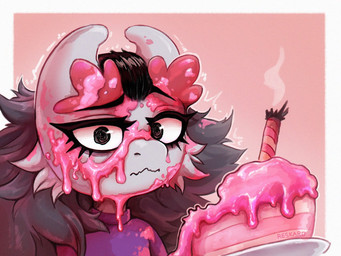 ambiguous_gender anthro border cake clothing dessert eyelashes food food_on_face horn looking_at_viewer motion_lines simple_background smoke solo text topwear tuft white_border reskaro reskaro_kern_(reskaro) 4:3 artist_name