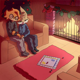 anthro board_game comfy cozy cuddling duo female fireplace hand_holding holidays male male/female omakase123 christmas rivals_of_aether ayala_(rivals_of_aether) fleet_(dungeons_of_aether) jamie_(lotta-otter) canid canine fox lagomorph leporid mammal mustelid otter rabbit 1:1 hi_res