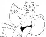 animal_genitalia anthro balls_outline buckteeth bulge clothed clothing detailed_bulge fluffy fluffy_tail fully_sheathed genital_outline genitals holding_object latex macro male open_mouth sheath solo tail teeth text thong topless underwear wide_eyed mizzyam mammal rodent sciurid tree_squirrel 5:4 alternate_version_at_source black_and_white english_text line_art monochrome