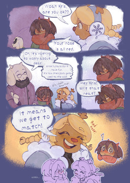 anthro blonde_hair blush brown_hair clothing comic_panel eyes_closed eyewear female glasses group hair hand_holding horn male male/female mangosandwichs open_mouth red_eyes scarf simple_background smile speech_bubble sweater teeth text tongue topwear trio deltarune undertale_(series) kris_dreemurr noelle_holiday toriel toriel_(deltarune) bovid caprine deer goat human mammal 2026 absurd_res comic english_text hi_res