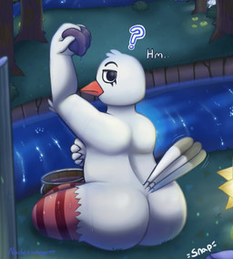 anthro bathing beak big_butt black_eyes breasts bucket butt container dialogue feathers female forest holding_breast looking_back night nude outside plant question_mark river side_boob solo stripes tail tail_feathers text tree washcloth white_body white_feathers nocheeseburger animal_crossing nintendo piper_(animal_crossing) avian bird mammal 2025 digital_media_(artwork)