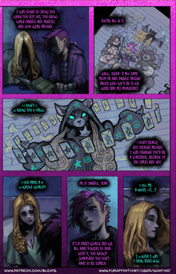 6_panel_comic anthro antlers armor blonde_hair breasts brown_hair card cleavage clothed clothing dialogue eyes_closed female fur glowing glowing_eyes group hair half-closed_eyes hood horn hospital_gown legwear male narrowed_eyes pink_body pink_skin purple_hair sketchbook smile speech_bubble stockings tan_body tan_fur tarot tarot_card text tusks unconvincing_armor bleats dangle_(bleats) jitters_(bleats) jodi_(bleats) munchies_(bleats) tusk_(bleats) canid canine canis deer domestic_cat domestic_dog domestic_pig felid feline felis human mammal mouse murid murine rodent suid suine sus_(pig) water_deer comic english_text hi_res url