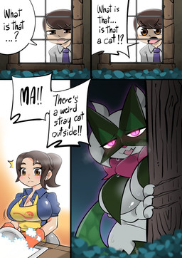 anthro big_breasts breast_curtains breasts breath dialogue female female_anthro group male text trio monodie nintendo pokemon there's_a_weird_cat_outside florian_(pokemon) mom_(pokemon) mom_(pokemon_s&v) felid feline generation_9_pokemon human mammal meowscarada pokemon_(species) absurd_res comic english_text hi_res