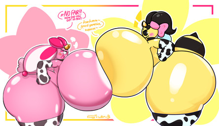 :3 accessory animal_print antennae_(anatomy) anthro areola arthropod_abdomen big_breasts big_butt biped black_eyes blush blush_lines bow_accessory bow_ribbon breast_squish breasts breasts_frottage butt clothing cow_print dialogue duo eye_contact eyebrows eyelashes eyewear female female/female glasses glistening glistening_body glistening_breasts glistening_butt gloves hand_on_hip handwear huge_breasts huge_butt huge_thighs hyper hyper_breasts hyper_thighs iconography legwear looking_at_another monotone_body mostly_nude mostly_nude_female narrowed_eyes non-mammal_breasts open_mouth outline pink_body pink_ears pink_sclera pink_tail pseudo_horn side_view squish standing steaming_mad stinger tail text thick_thighs thigh_highs tongue white_eyes wide_hips yellow_body flowsie woebeeme annabee_(woebeeme) flowsie_(character) arthropod bee hymenopteran insect lagomorph leporid mammal rabbit 2025 absurd_res artist_collaboration digital_drawing_(artwork) digital_media_(artwork) english_text hi_res signature