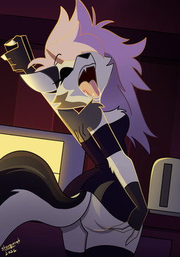 anthro black_clothing black_dress black_fingerless_gloves black_gloves black_handwear bottomless cellphone clothed clothed_anthro clothed_female clothing dress electronics eyes_closed fangs female female_anthro fingerless_gloves fur gloves grey_body grey_fur grey_hair hair hand_on_butt hand_on_own_butt handwear holding_cellphone holding_object holding_phone open_mouth partially_clothed phone raised_arm solo stretching tail teeth tongue white_body white_fur yawn starpaintart hellaverse helluva_boss mythology loona_(helluva_boss) canid canid_demon canine demon hellhound mammal mythological_canine mythological_creature 2026 absurd_res digital_media_(artwork) hi_res