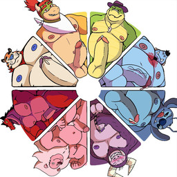 anthro anthrofied balls belly biceps big_penis blue_body bodily_fluids clothing erection genital_fluids genitals glans green_body grin group hair hat headgear headwear horn kerchief male mascot musclegut muscular muscular_anthro muscular_male navel neckerchief neckwear nipples pecs penis pink_body ponytail precum purple_body red_body red_hair smile whiskers yellow_body gendomx brok_the_investigator cartoon_network color_wheel_challenge cowcat_games disney foster's_home_for_imaginary_friends frosted_flakes kellogg's lilo_and_stitch mario_bros marvel moon_girl_and_devil_dinosaur nintendo one_piece steven_universe bowser_jr. brok_(brok_the_investigator) devil_dinosaur_(moon_girl_and_devil_dinosaur) eduardo_(fhfif) jinbe lion_(steven_universe) stitch_(lilo_and_stitch) tony_the_tiger alien alligator alligatorid aquatic crocodilian dinosaur experiment_(lilo_and_stitch) felid fish-men_(one_piece) koopa lion mammal monster pantherine prehistoric_species reptile scalie tiger 1:1 hi_res