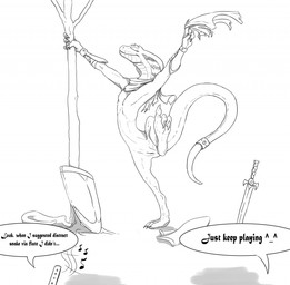 anthro claws clothing curling_toes dancing dialogue eyes_closed feet female genitals melee_weapon nude scarf shield smile snake_hood soles solo sword text toe_claws undressing vulva weapon zafara_(artist) blizzard_entertainment warcraft reptile scalie sethrak snake english_text hi_res monochrome