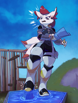 anthro armor breasts clothing dipstick_tail emanata eyebrows eyelashes fangs female fur glue hair inner_ear_fluff markings multi_tail pencil_(object) pink_hair scar solo sticky stuck tail tail_markings teeth tuft white_body white_fur gluepaw epic_games fortnite kimiko_five-tails canid canine fox mammal 2026 3:4 hi_res