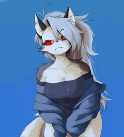 anthro arm_tuft breasts cleavage closed_frown clothed clothing collarbone eyebrow_through_hair eyebrows eyelashes female frown fur grey_body grey_fur grey_hair hair mouth_closed red_sclera shoulder_tuft solo translucent translucent_hair tuft white_body white_eyes white_fur catoculiao hellaverse helluva_boss mythology loona_(helluva_boss) canid canid_demon canine demon hellhound mammal mythological_canine mythological_creature 2025 hi_res