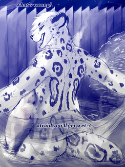 abdominal_bulge after_vore anthro blue_eyes clothing dialogue looking_at_viewer male nude prey_bulge solo teeth tongue translucent translucent_clothing vore water nolow zyyph felid mammal pantherine snow_leopard 2019 3:4 absurd_res hi_res