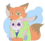 anthro cheek_tuft clothed clothing dipstick_ears duo ear_markings facial_tuft fur green_eyes grey_body grey_fur multicolored_ears orange_body orange_fur purple_eyes simple_background smile tuft izumi_h27 disney zootopia judy_hopps nick_wilde canid canine fox lagomorph leporid mammal rabbit red_fox true_fox 2016