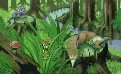 ambiguous_gender creek detailed_background eyes_closed feral forest fungus grass group horn log mushroom nature outside plant sleeping tree tree_stump wood strike_(artist) nintendo pokemon amphibian arthropod canid canine caterpie eevee generation_1_pokemon insect mammal pokemon_(species) poliwag rattata rodent tadpole weedle digital_media_(artwork) digital_painting_(artwork) painting_(artwork)