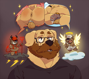anthro anus armband backsack ball_ring balls beard black_nose bodily_fluids chastity_cage chastity_device clothed clothing eyewear facial_hair facial_piercing genital_fluids genitals glasses halo harness hat headgear headwear humanoid_genitalia humanoid_penis jockstrap lock male muscular muscular_anthro muscular_male muscular_sub mustache navel nipples nose_piercing nose_ring overweight overweight_anthro overweight_male padlock pecs penis piercing precum presenting presenting_anus ring_piercing shirt simple_background solo sparkles speech_bubble submissive submissive_male t-shirt testicle_cuff toony topwear underwear taoren angel canid canine canis demon domestic_dog mammal 2017 pictographics