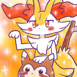 :< ambiguous_anthro ambiguous_feral ambiguous_gender anthro biped blush blush_stickers duo feral front_view mouth_closed object_in_tail paw_pose pose simple_background sparkles standing stick stick_in_tail tail annyui0611 nintendo pokemon braixen canid furret generation_2_pokemon generation_6_pokemon mammal pokemon_(species) 1:1 2024 digital_drawing_(artwork) digital_media_(artwork) half-length_portrait hi_res japanese_description portrait translated_description