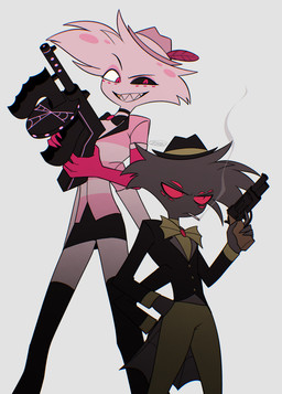 cigar cigar_smoke cigarette clothed clothing duo femboy gun hat headgear headwear holding_gun holding_object holding_ranged_weapon holding_weapon male multi_eye ranged_weapon smoke smoking smoking_cigarette submachine_gun thompson_gun weapon enaic31 hazbin_hotel hellaverse angel_dust arackniss_(hazbin_hotel) arachnid arthropod demon humanoid spider absurd_res hi_res