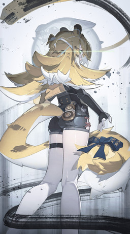 animal_ears belt black_clothing blonde_hair clothed clothing female fluffy glowing glowing_eyes green_eyes hair jacket looking_at_viewer looking_back one_eye_visible orange_hair rear_view solo striped_hair tail topwear white_hair 2ho mihoyo zenless_zone_zero ju_fufu animal_humanoid felid felid_humanoid humanoid mammal mammal_humanoid pantherine pantherine_humanoid thiren tiger_humanoid absurd_res hi_res