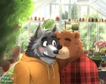 black_body black_fur blush brown_body brown_fur clothing detailed_background duo eyes_closed fur grey_body grey_fur hoodie inside kissing male male/male shirt topwear ray_kyuu password_(visual_novel) dave_(password) dean_(password) bear brown_bear hyena mammal striped_hyena ursine 2021 5:4 hi_res