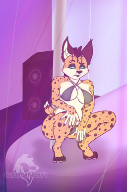 4_toes annoyed anthro barefoot bikini blue_sclera breasts claws cleavage clothed clothing crouching feet female frown fur inner_ear_fluff lights looking_at_viewer markings mohawk nightclub pawpads paws pink_pawpads pole pupils slit_pupils solo spots spotted_body spotted_fur spotted_markings stage strip_club stripper stripper_pole swimwear tail tail_tuft toes tuft two-piece_swimsuit yellow_body yellow_fur conditional_dnp grinn3r krystal_appreciation_month nintendo star_fox miyu_(star_fox) felid feline lynx mammal 2022 hi_res