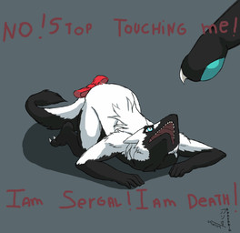 accessory ambiguous_gender angry black_body black_fur blue_eyes bow_(feature) bow_accessory bow_ribbon claws disembodied_finger duo fur furgonomics multicolored_body multicolored_fur paws ribbons solo_focus tail tail_accessory tail_bow tail_motion tail_ribbon tailwag white_body white_fur niniliger stop_touching_me_i_am_the_night alex_(alax18) mammal sergal 2d_animation animated digital_media_(artwork) meme