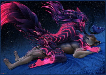 4_toes 5_fingers animal_mask anthro biped breasts claws cybernetics duo feet female female_anthro fingers flowing_hair fox_mask glowing glowing_markings hair lying machine male male/female male_anthro markings mask nose_to_nose nude nude_anthro nude_female nude_male on_back pawpads plantigrade side_boob sitting sitting_on_another soles teeth toe_claws toes toothy_grin conditional_dnp ratte legacy_(ratte) kumo_(ratte) canid canine canis coyote cyborg fox mammal wraith 2026 digital_media_(artwork) hi_res