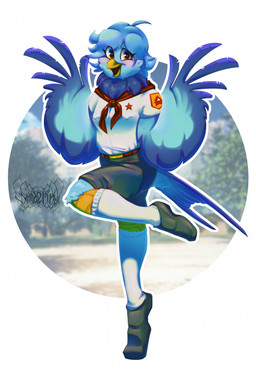 anthro beak belt blue_body blue_feathers blue_hair bottomwear breasts clothed clothed_female clothing cosplay crossover_cosplay eyelashes eyelashes_through_hair fashion feathers female footwear gesture hair happy looking_at_viewer neck_tuft non-mammal_breasts on_one_leg open_beak open_mouth pose raised_leg scarf shoes shorts simple_background smile smiling_at_viewer socks solo standing tail tail_feathers tiptoes topwear translucent translucent_hair tuft waving waving_at_viewer yellow_beak yellow_eyes 0wandering0 everlasting_summer undertale_yellow martlet_(undertale_yellow) avian bird monster 2025 crossover hi_res signature