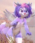 2020 anthro canid eyebrows eyelashes feathered_wings feathers female fur grass hair hi_res highlights_(coloring) horn hriscia hybrid mammal markings pink_hair pink_nose plant purple_body purple_eyes purple_fur purple_hair smile solo standing white_body white_fur white_markings wings young young_anthro