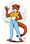 anthro biped black_nose breasts brown_body brown_fur circle clothed clothing female fur looking_at_viewer midriff nipple_outline simple_background solo standing tail water white_background tygger malia mammal mustelid otter 1996 hi_res