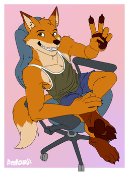 4_toes 5_fingers anthro armpit_hair barefoot black_claws black_nose blue_bottomwear blue_clothing blue_shorts body_hair border bottomwear brown_body brown_eyes brown_feet brown_fur brown_pawpads bulge chair claws clothed clothing countershading dipstick_ears dipstick_tail ear_markings feet fingers foot_focus fur furniture gesture green_clothing green_shirt green_topwear grin hand_gesture hindpaw looking_at_viewer male male_anthro markings multicolored_ears multicolored_tail office_chair on_chair orange_body orange_fur pawpads paws plantigrade shirt shorts simple_background sitting smile smiling_at_viewer soles solo tail tail_markings tank_top teeth toe_claws toes topwear tuft v_sign white_border patoso paintfox_(character) canid canine fox mammal 3:4 hi_res signature