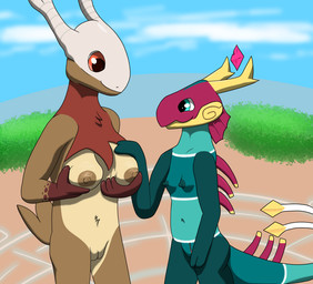adolescent anthro areola blue_eyes breast_fondling breast_play breasts brown_body brown_fur crystal detailed_background duo female female/female fondling forked_tail frill_(anatomy) fur genitals hand_on_breast holding_breast horn navel nipples orange_eyes plant shrub sky skyscape smile tail unusual_anatomy unusual_hands unusual_tail vulva young sacreddigital crema_(company) mythology temtem dragon eastern_dragon kauren_(temtem) mammal mythological_creature mythological_scalie scalie shuine temtem_(species) hi_res