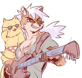 anthro clothing duo electric_guitar eyewear fur guitar hair japanese kemono long_hair male musical_instrument playing_guitar playing_music plucked_string_instrument smile string_instrument sunglasses 1boshi canid canine fox mammal low_res