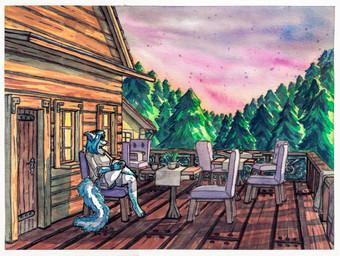 anthro armband balcony biped blue_hair building cabin chair clothed clothing container crossed_legs cup detailed_background door eyewear female fur furniture glasses hair horn house landscape mug outside plant scenery sitting sky smile solo sunrise table tail teal_body teal_fur topwear tree wearing_glasses white_body white_fur window wood wood_chair wood_furniture ultranidd mythology dragon furred_dragon furred_scalie mythological_creature mythological_scalie scalie absurd_res hi_res painting_(artwork) traditional_media_(artwork) traditional_painting_(artwork) traditional_watercolor_(artwork) watercolor_(artwork)