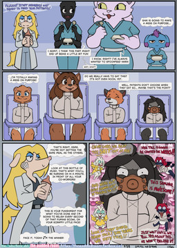 anthro asylum baby_bottle diaper female female/female gag group high_chair hospital male medical muzzle_(object) restraints shoulder_angel shoulder_devil straitjacket text the_padded_room palworld pocketpair charlotte_cartwright esmeralda_kingsley ludivine_laminelle canid canine depresso mammal pal_(species) procyonid raccoon absurd_res comic english_text hi_res