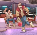 anthro biped bottomwear bowling bowling_ball clothed clothing duo eyes_closed eyewear fingers fur glasses male open_mouth open_smile pants smile tail torn_bottomwear torn_clothing torn_pants greyy canid canine mammal hi_res