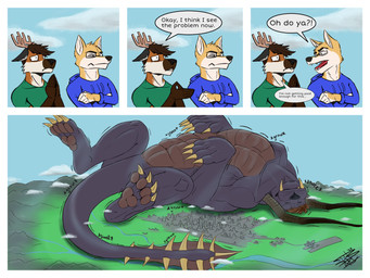 anthro body_size_growth city claws clothing collar dialogue extreme_size_difference feral fur growth hoodie horn larger_feral macro male purple_body size_difference size_transformation sky sleeping smaller_anthro sound_effects tail tan_body tan_fur text topwear transformation justagoodboy final_fantasy square_enix server_dingo sin_(foxdeerthing) behemoth_(final_fantasy) canid canine canis deer_fox dingo hybrid mammal 4:3 absurd_res comic hi_res