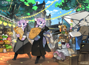 5_fingers anthro apron bag black_clothing blue_apron blue_clothing bread brown_body brown_fur clothed clothing cloud crossed_arms dessert detailed_background dress eye_contact eyes_closed fingers food footwear fully_clothed fur group ice_cream kemono licking looking_at_another market neck_tuft nun open_mouth open_smile orange_body orange_fur pink_clothing pink_dress plant purple_body purple_fur shoes sitting sky smile snout standing text tongue tongue_out tree tuft walking white_apron white_body white_clothing white_fur utsuki_maito sirne_(nrj_275) sirno_(nrj_275) bear canid canine canis deer domestic_dog felid lion mammal pantherine 2021 japanese_text