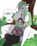 absurd_res big_breasts braided_hair breasts brown_eyes brown_hair clothed clothing duo english_text female gardevoir generation_3_pokemon grass green_hair hair hi_res human humanoid luxurias mammal nintendo not_furry outside plant pokemon pokemon_(species) sitting smile text under_tree white_body