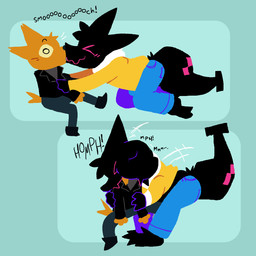 anthro anthro_pred anthro_prey black_body black_fur blush bottomwear canon_x_oc cheek_bulge clothing duo fangs footwear fur head_first head_in_mouth hoodie inside_cheek jacket kissing larger_anthro larger_male larger_pred leather leather_clothing leather_jacket leather_topwear male male/male male_pred male_prey markings muffled onomatopoeia oral_vore orange_body orange_fur pants partially_inside same_size_vore shoes simple_background size_difference smaller_anthro smaller_male smooch_(sound_effect) sound_effects surprise_kiss tail tail_markings teeth text toony topwear vore pawplants night_in_the_woods gregg_lee veecee canid canine fox mammal void_fluff 1:1 2025 comic digital_media_(artwork) hi_res