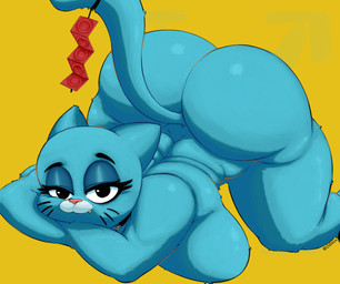 anthro arm_tuft arms_bent ass_up bedroom_eyes bent_leg big_breasts big_butt big_eyes biped black_collar black_eyebrows black_eyes black_markings blue_body blue_breasts blue_ears blue_eyeshadow blue_fur blue_tail breast_rest breast_tuft breasts bubble_butt butt closed_smile collar collar_only condom condom_on_tail dutch_angle ear_tuft eyebrows eyelashes eyeshadow facial_markings fangs female fur fur_tuft glistening glistening_breasts glistening_butt glistening_eyelids glistening_eyes glistening_nose glistening_tail half-closed_eyes head_markings huge_butt iris knee_tuft leg_tuft light_body light_fur long_eyelashes looking_at_viewer lying makeup markings mature_anthro mature_female monotone_background mouth_closed muzzle_(marking) narrowed_eyes no_pupils nude nude_anthro nude_female on_front orange_outline outline pink_nose pointy_ears pose prick_ears red_condom seductive sexual_barrier_device simple_background smile smiling_at_viewer snout solo tail teeth text thick_eyelashes thick_thighs thigh_tuft three-quarter_view tuft unused_condom whisker_markings white_markings white_sclera wrapped_condom yellow_background odiniix cartoon_network the_amazing_world_of_gumball nicole_watterson domestic_cat felid feline felis mammal 2025 absurd_res artist_name digital_drawing_(artwork) digital_media_(artwork) hi_res