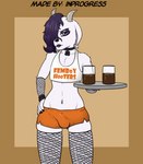 alternative_fashion anthro beverage bottomwear bulge clothing collar femboy fishnet_clothing goth holding_object holding_tray horn male serving serving_beverage shirt shorts solo tank_top text text_on_clothing text_on_shirt text_on_tank_top text_on_topwear topwear tray uniform waiter inprogress femboy_hooters ash_(inprogress) bovid caprine goat mammal english_text hi_res