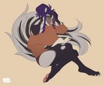 4_toes anthro blue_eyes book breasts clothed clothing eyewear feet female glasses hair open_mouth paws purple_hair teeth toes tongue charmrage mammal mephitid skunk 2021 digital_media_(artwork)