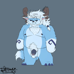 3_toes 4_fingers anthro antlers ball_tuft balls beard black_nipples black_penis black_sclera blue_body blue_claws blue_eyes blue_fur body_hair braided_hair chest_tuft claws eyebrows facial_hair feet fingers fist flaccid fur fur_markings genitals grey_background hair happy_trail horn logo male markings multicolored_penis navel nipples no_pupils overweight overweight_anthro overweight_male penis pink_inner_ear simple_background solo standing text thick_eyebrows tired_eyes toes tuft tusks whisker_spots white_body white_eyebrows white_fur white_hair demi_owo league_of_legends riot_games tencent willump_(lol) yeti 1:1 artist_logo artist_name digital_drawing_(artwork) digital_media_(artwork) hi_res