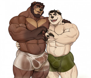 abs anthro barazoku beard biceps big_muscles black_hair brown_body brown_eyes brown_fur brown_hair bulge clothing deltoids detailed_bulge duo eyebrow_scar eyebrows facial_hair facial_scar fur genital_outline gesture green_eyes hair heart_gesture hug looking_at_viewer male male/male muscular muscular_anthro muscular_male navel nipples open_mouth pecs penis_outline scar simple_background smile smiling_at_viewer translucent translucent_clothing translucent_underwear underwear wet wet_clothing wet_underwear white_body white_fur imato charlie_o'conner salem_(imato) salem_and_charlie bear brown_bear mammal polar_bear ursine digital_media_(artwork) hi_res