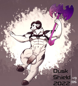 anthro axe big_muscles big_pecs big_penis fur genitals grin harness horn male melee_weapon muscular muscular_male nipples pecs penis smile solo weapon duskshield kydronaegis aegir bovid caprine goat mammal hi_res